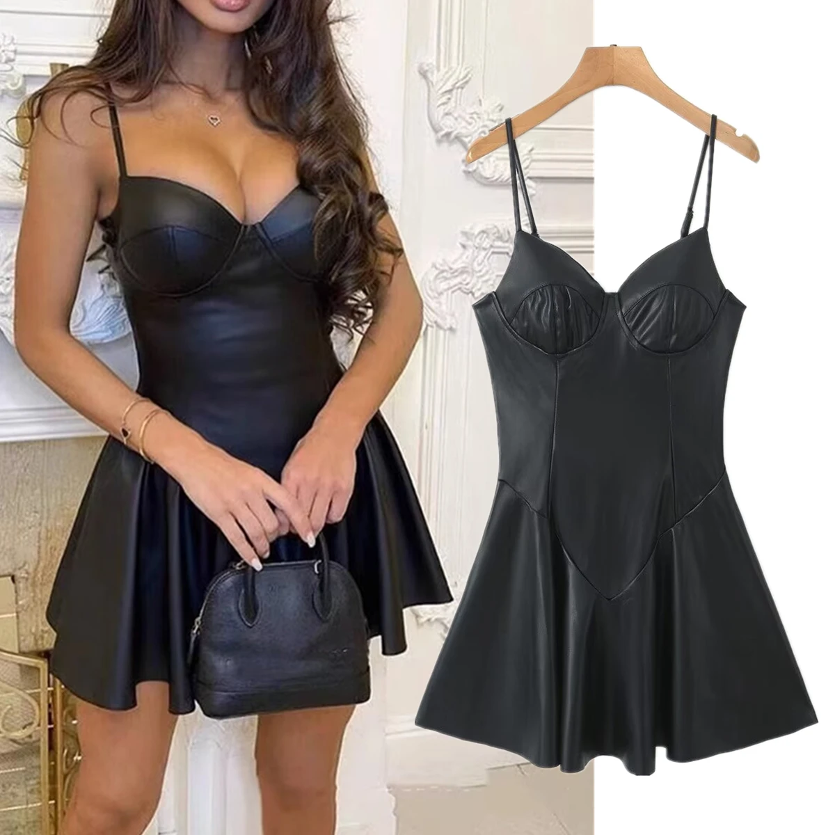 

Jenny&Dave 2024 Autumn And Winter French Fashion Dress Blogger Black Pu Leather Tight And Sexy Party Dress Women