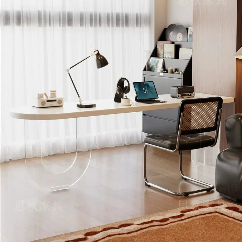 Italian Style White Solid Wood Desk Nordic Creative Oval Acrylic Floating Computer Desk Study Bedroom Furniture مكتب عائم FYFD