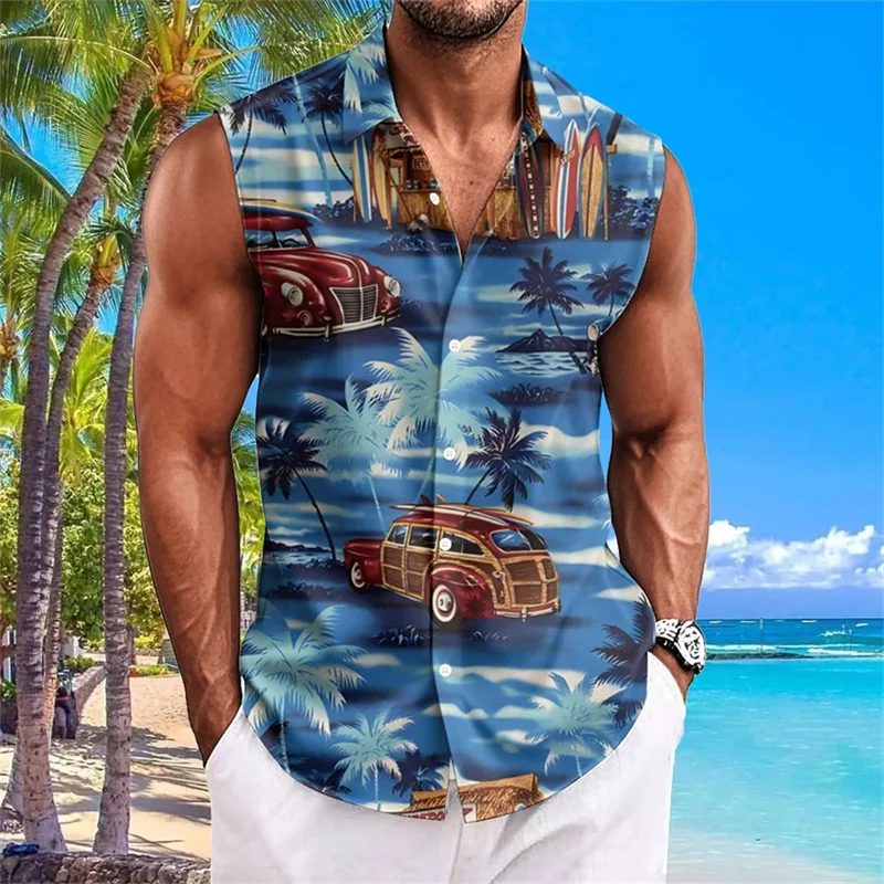 Hawaiian style men's sleeveless shirt, lightweight and breathable beach vacation casual shirt, summer new men's top.