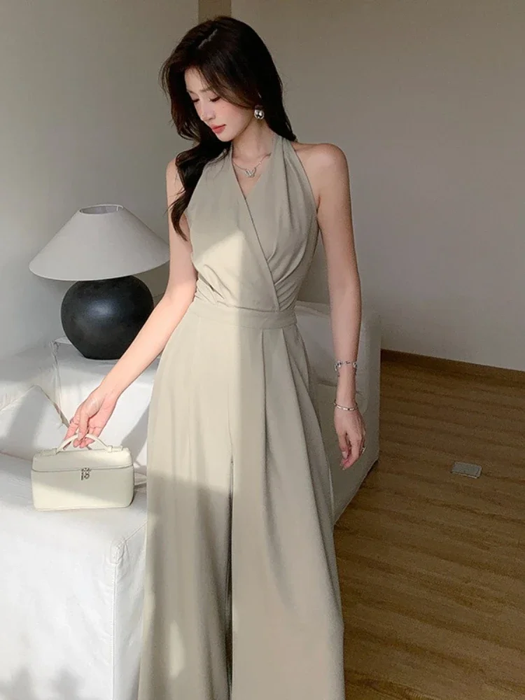 

New Spring Summer Women Clothes Elegant Sexy Halter Backless Folds Slim Wide Leg Loose Rompers Casual One Piece Long Jumpsuits