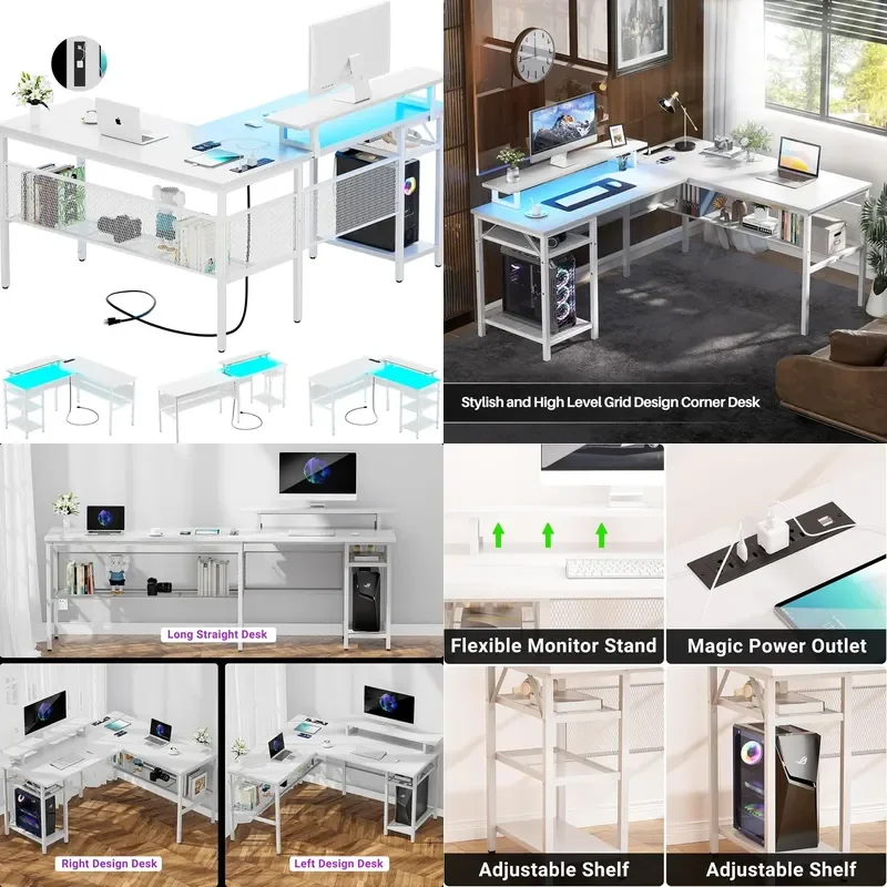 Reversible L Shaped Desk with LED Light Socket Display Stand Durable Computer Workstation for Home Office Gaming Setup