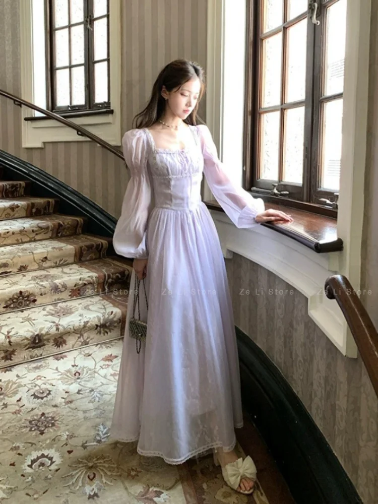 Fresh Purple Long Square Neck Long Sleevesdress Women's Summerfrenchretroqianjin Style Elegant Waist Skirt