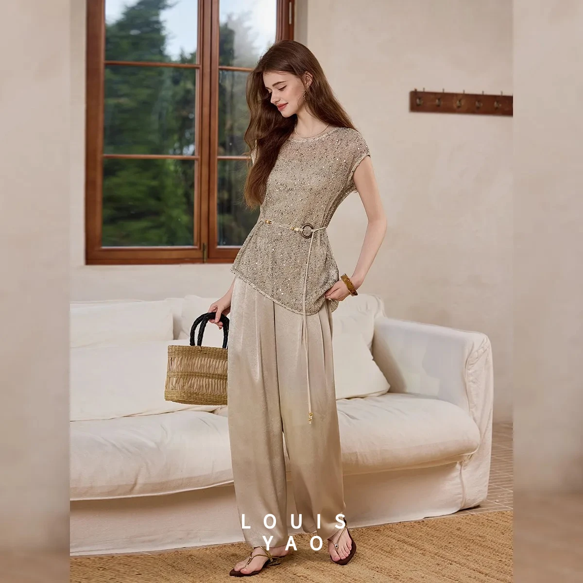 

LOUISYAO 2026 Summer French Hollow Out Sequin Three Piece Set Women Sleeveless Top + Vest + Casual Pants Outfit