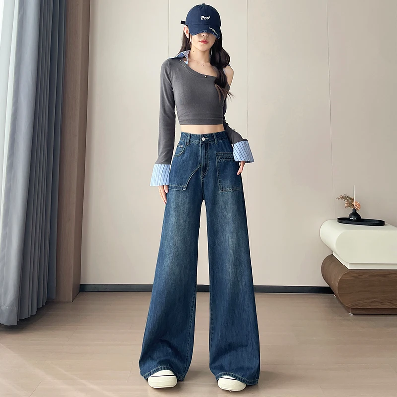 

Women's High Waist Wide Leg Slim Straight Pants Spring Autumn Pear Shape Design Sense Floor Length Denim Jeans
