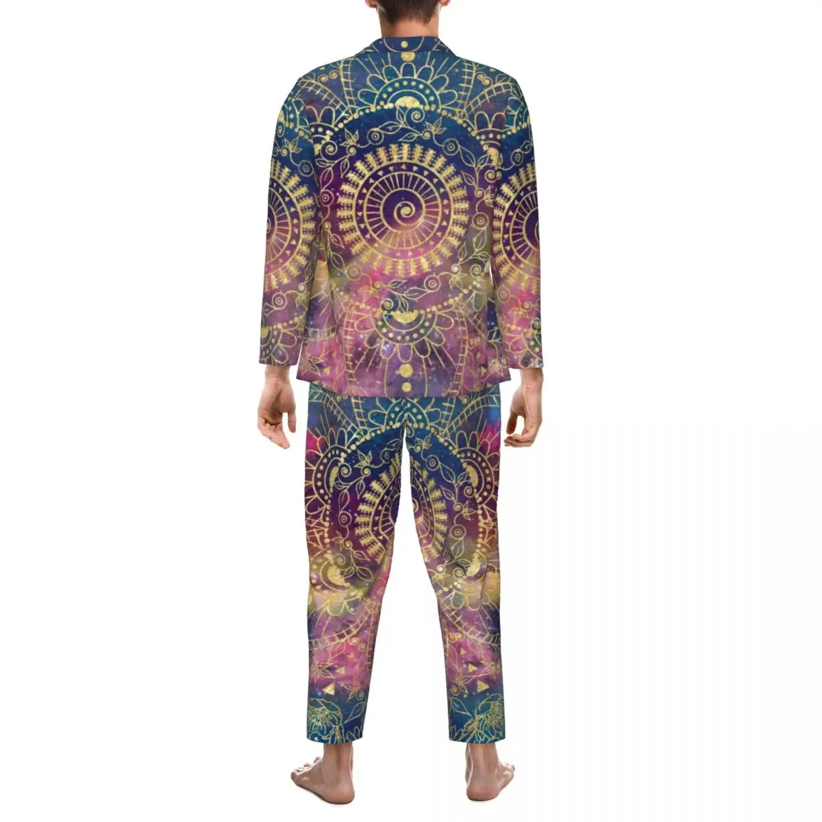 Retro Floral Print Sleepwear Spring Gold Mandala Aesthetic Oversized Pajama Sets Mens Long Sleeves Leisure Design Home Suit