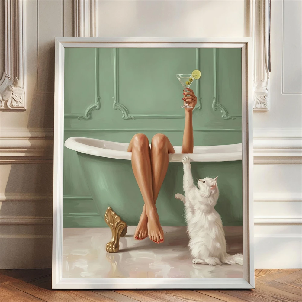 Pink Bathtub Martini Glass Art Poster Feminine Self-Care Cocktail Bathroom Prints Woman in Pink Bathtub Wall Art Canvas Painting