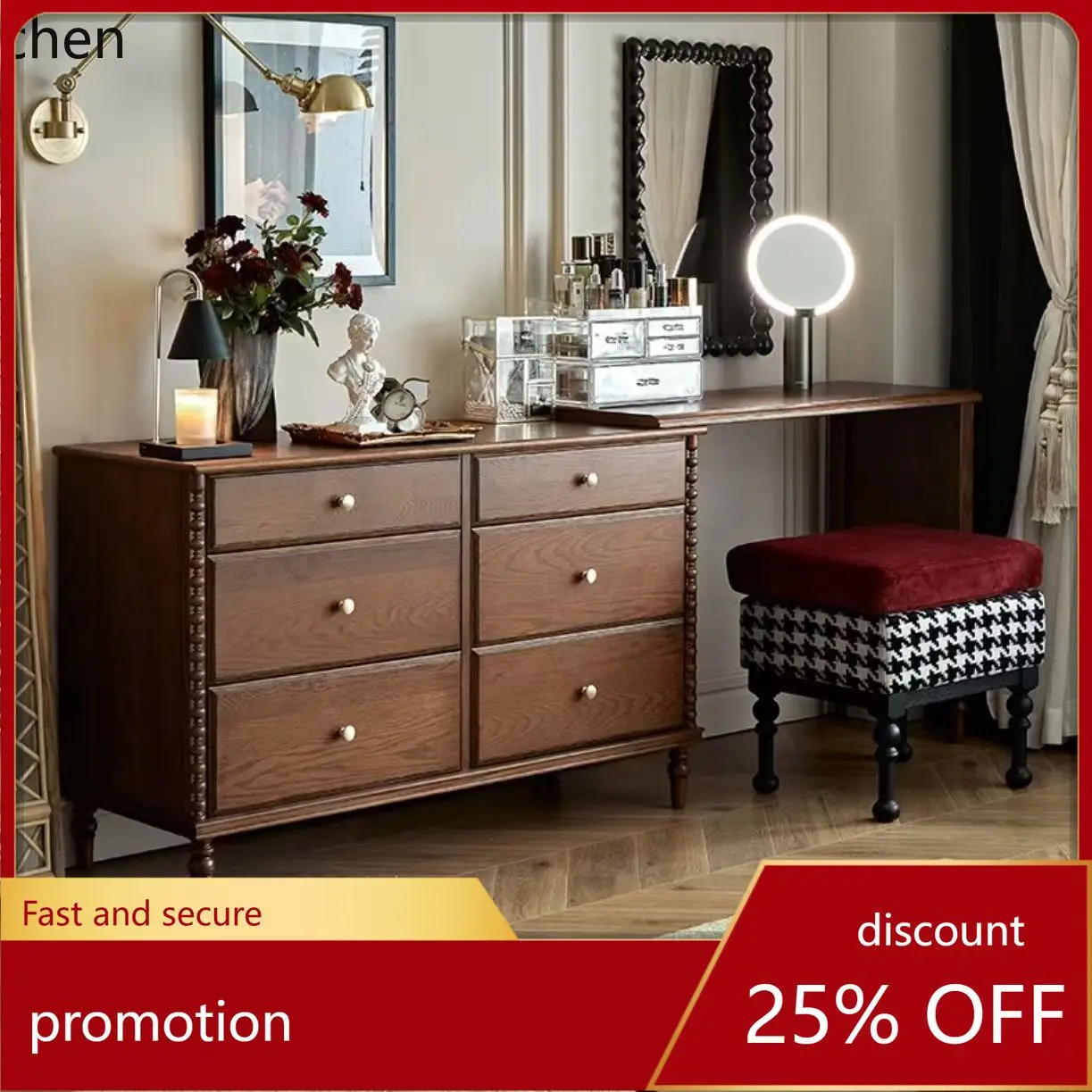 

LXC Retro Dressing Table Bedroom Desk Makeup Table Corner Extendable Chest of Drawers Integrated Solid Wood Storage