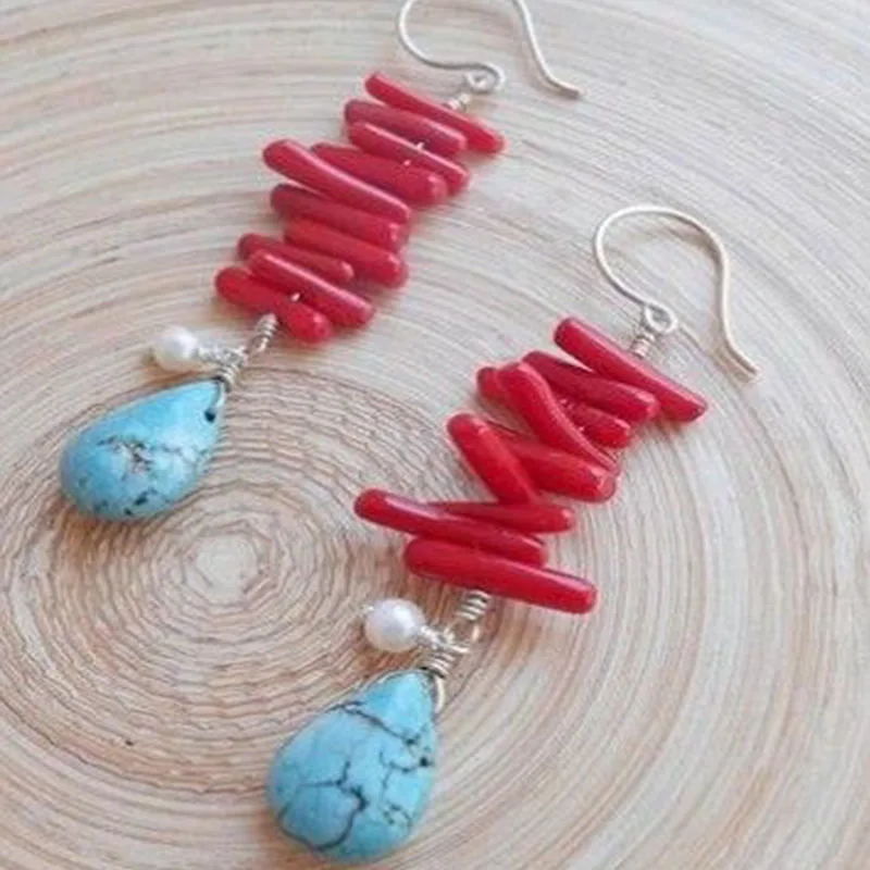 أقراط متدلية حمراء مرجانية مصنوعة يدويًا مع مجوهرات نسائية من حجر اللازورد لؤلؤ المياه العذبة