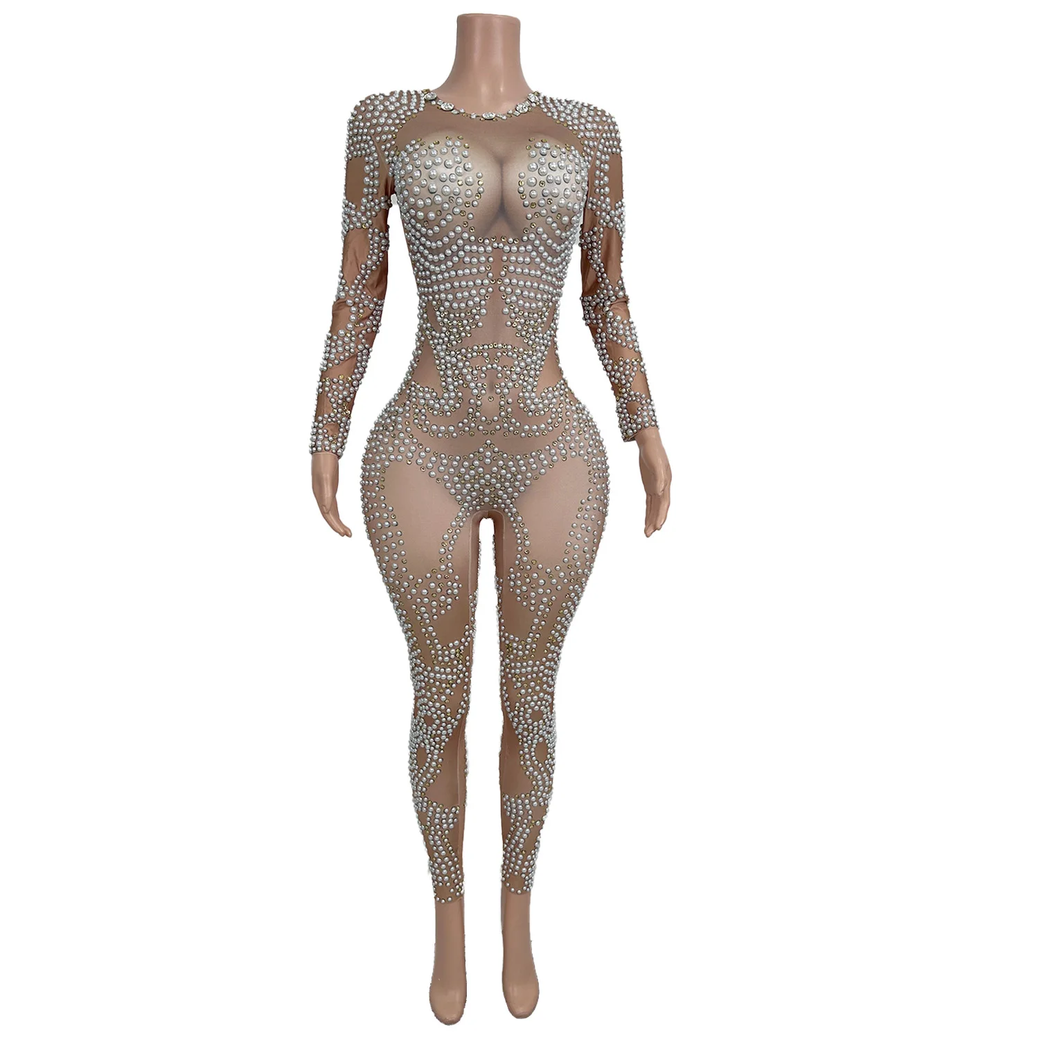 

Sexy Nude Spandex Skinny Rhinestone Pearls Bodycon Jumpsuits Women Dance Leotard Club Rompers Drag Queen Show Performance Outfit