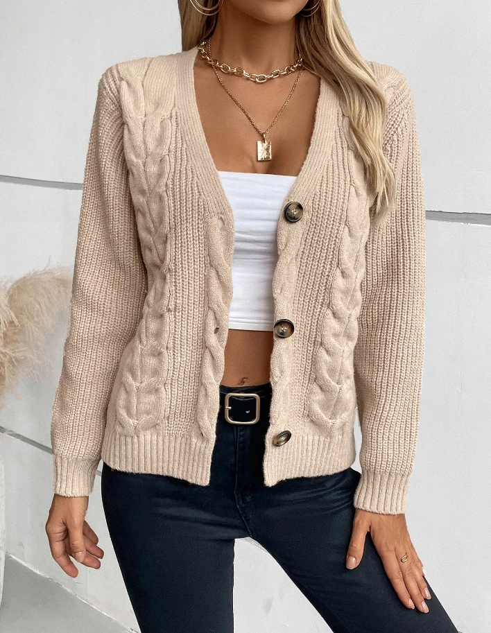 

Women's Sweater Winter Fashion Vintage Solid Color Cable Textured Crochet Knit V-neck Button Long Sleeve Cardigan Sweater