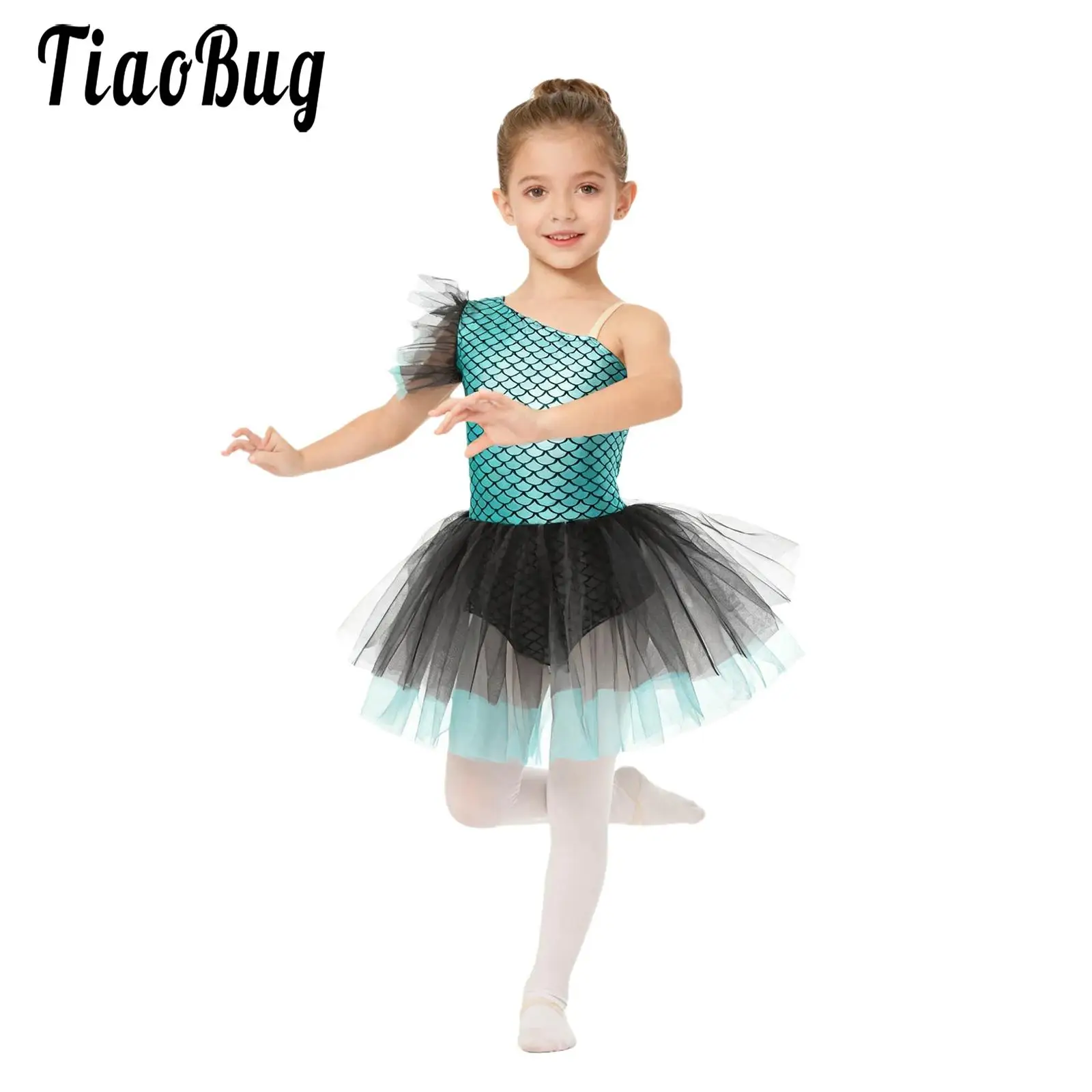Kids Girls Halloween Mermaid Ballet Dance Costumes Party Mermaid Dress-up Gown Sleeveless Fish Scales Print Tutu Leotard Dress