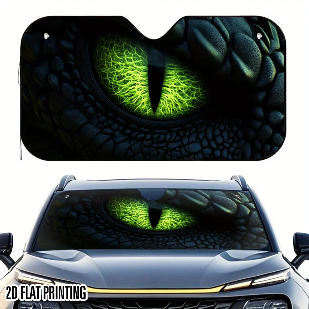 1pc 2D Flat Sparkling Green Dragon Eyes Design Car Sunshade – High-Quality Print, Foldable & Easy To Install, Keeps Car Cool, 4