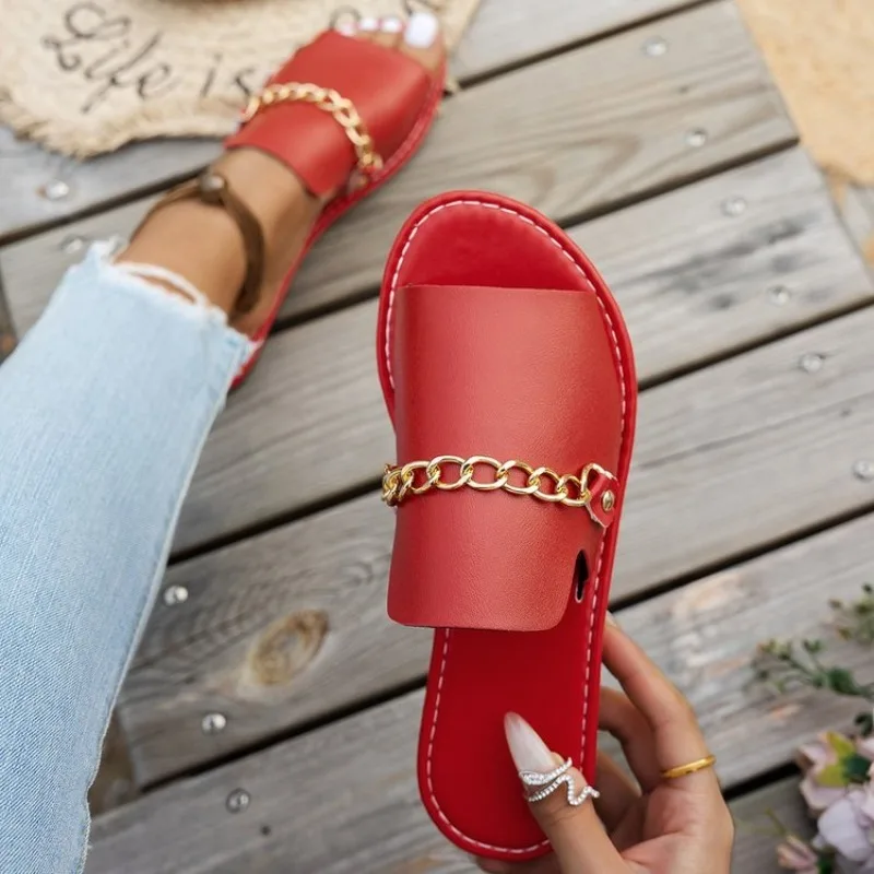 Women's Large Size Chain Flat Sandals 36-43 Summer 2026 Fashion Casual Versatile Open Toe Slippers Versatile Comfortable Sandals
