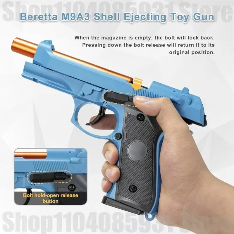 Pistola de bala macia Beretta, armas de brinquedo para meninos, armas de brinquedo de ejeção de concha que parecem reais, disparo contínuo mecânico, presente de Natal