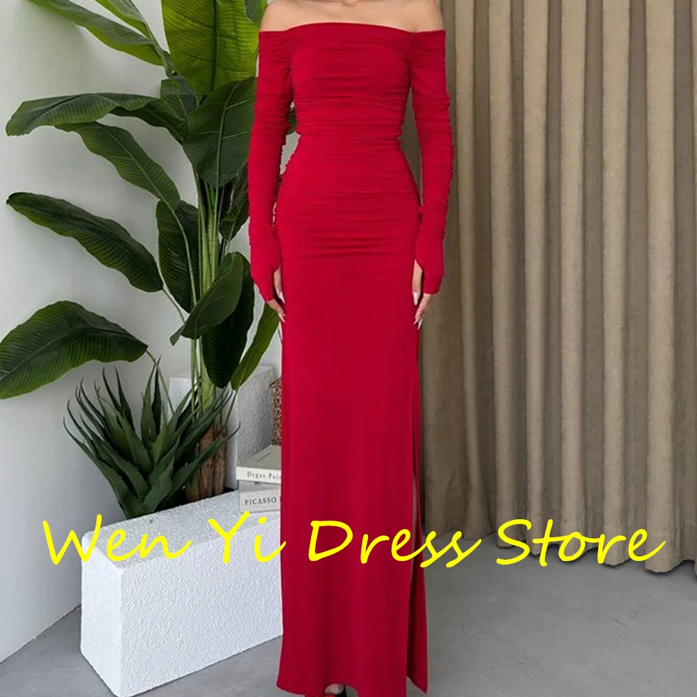 Strapless Off the Shoulder Long Sleeve Pleat Chiffon Sheath Side Slit Floor Length Solid Color Elegant Evening Dress Custom Size