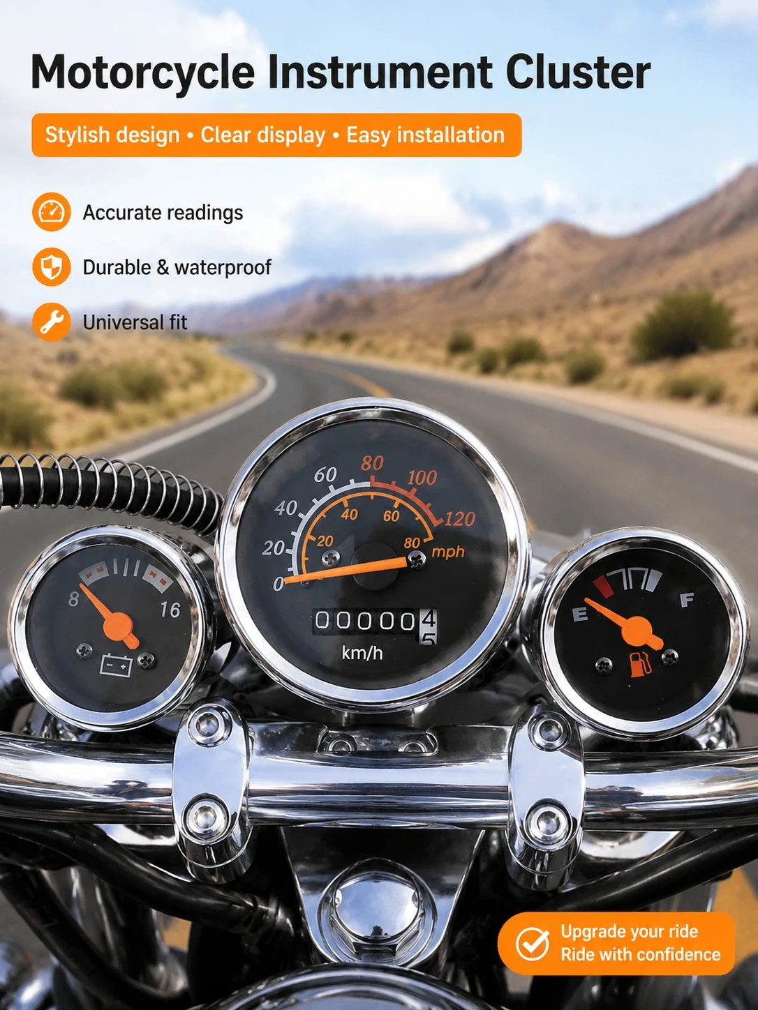 Triple Gauge Motorcycle Speedometer Assembly Odometer Fuel Voltage Gauge For Scooter Retro Motorcycle Modification