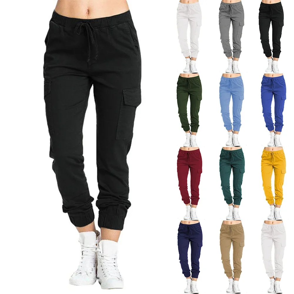 

Summer New Pants Women Casual Elastic Waist Safari Style Pants Fashion Streetwear Sports Trousers Pockets Solid Work Pants