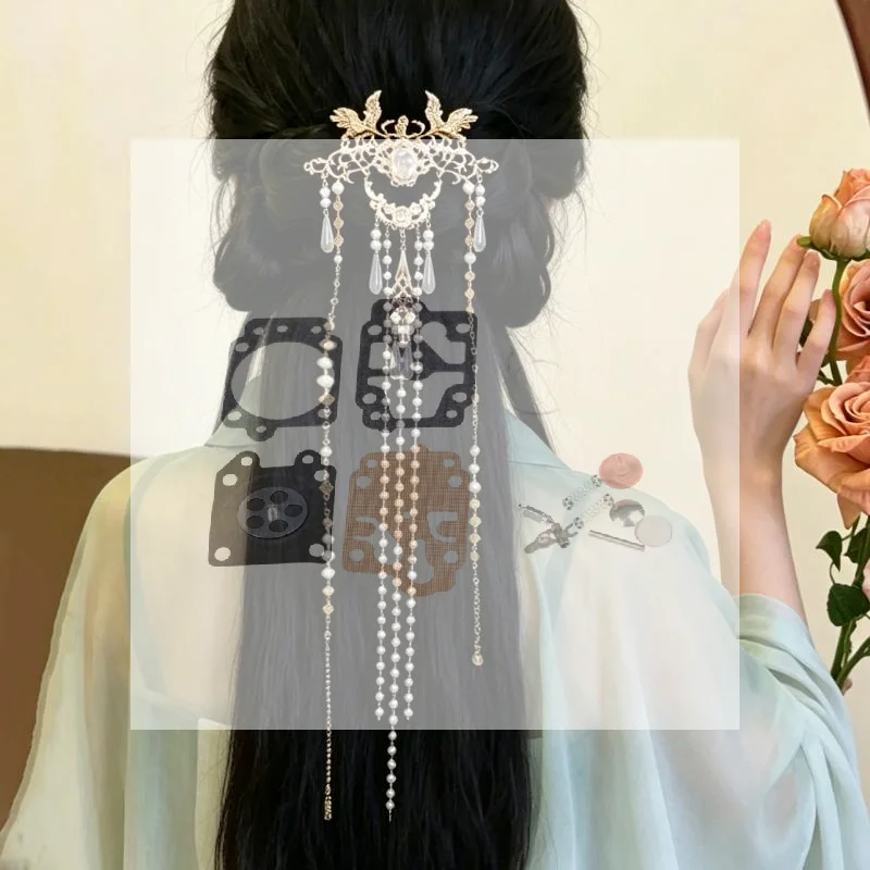 1Pc Vintage Chinese Hanfu Hair Clip Faux Pearl Tassel Golden Crane Decor for Wedding Bridal Party Hair Accessories Vintage Chin
