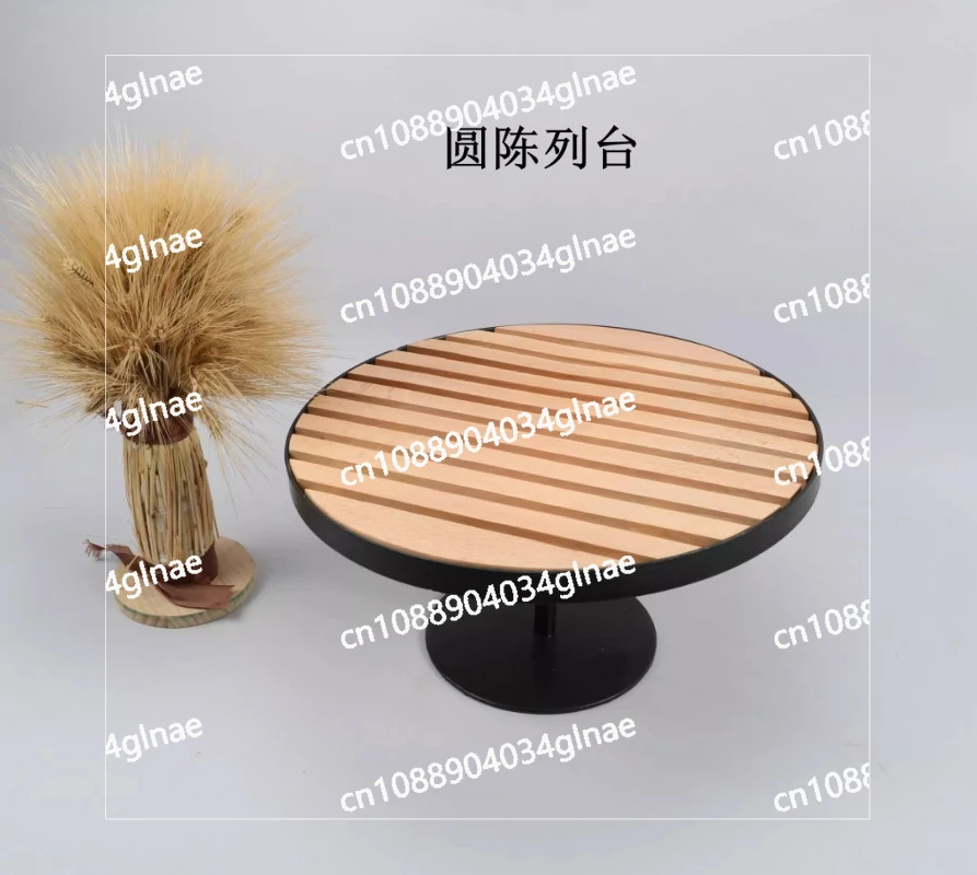 

Bread rack, baking soft decoration, flat display rack, circular iron wood display table, bakery cake decoration