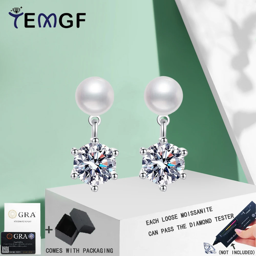 

TEMGF Freshwater Pearl Ear Studs for Women 6.5mm Moissanite/Zircon Pendants S925 Sterling Silver Earrings Classic Fine Jewelry