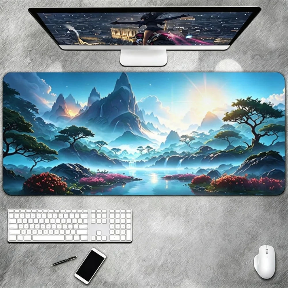 A vibrant fantasy landscape printed large mouse pad, with excellent slip-resistance, durability and easy cleaning pc accessories