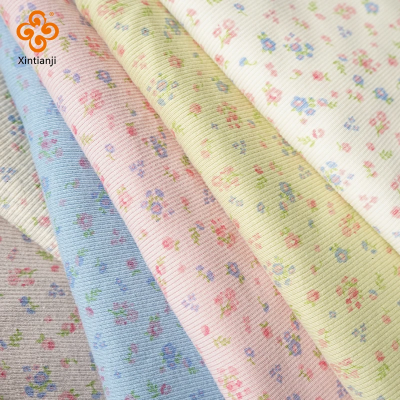 135x50cm Rib Knit Fabric Little Flowers product Cute Pattern For Girls Top Sewing Vest, Soft And Elastic Stretch Dress Material