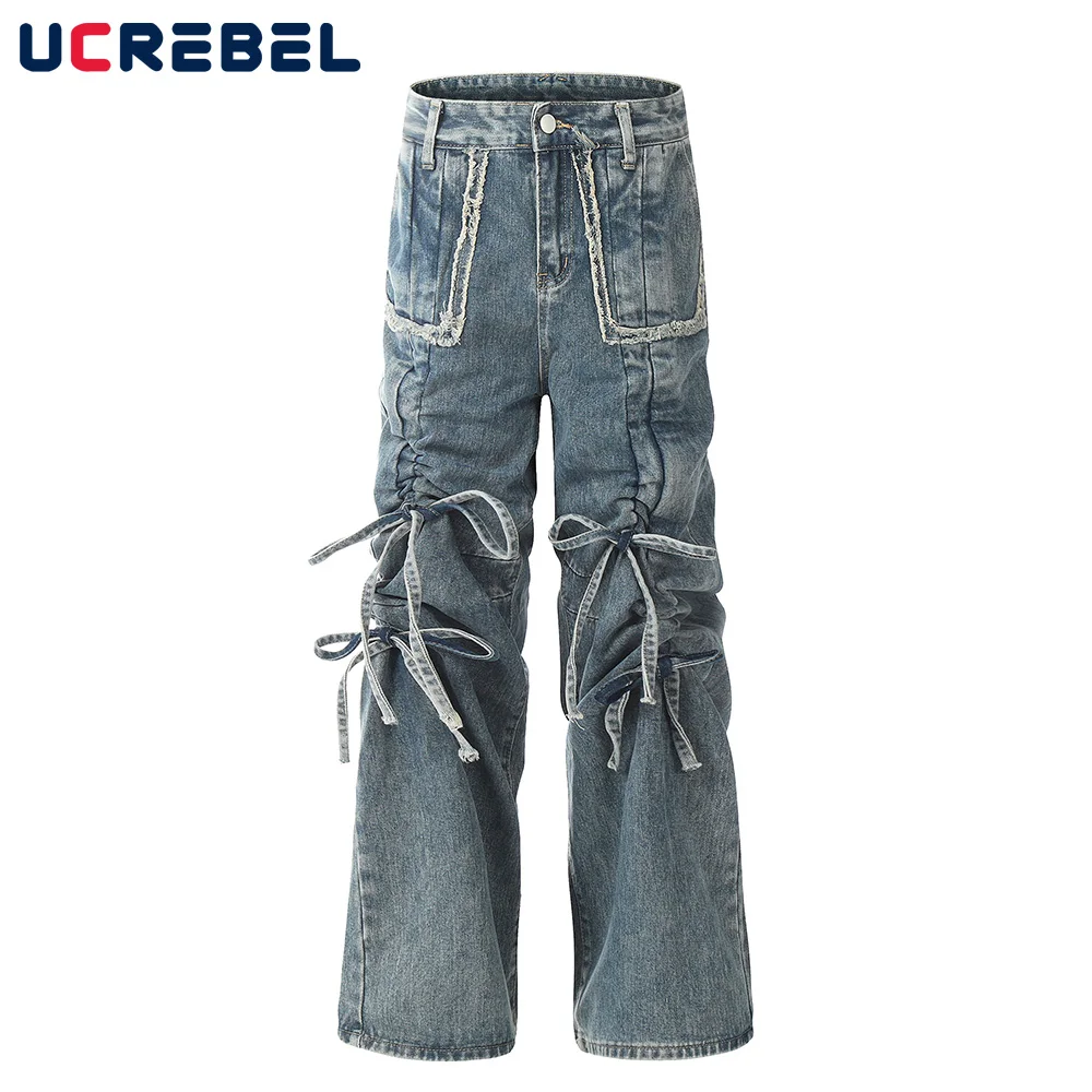 

Drawstring Spliced Washed Distressed Jeans Mens High Street Loose Denim Flare Pants Men Trousers