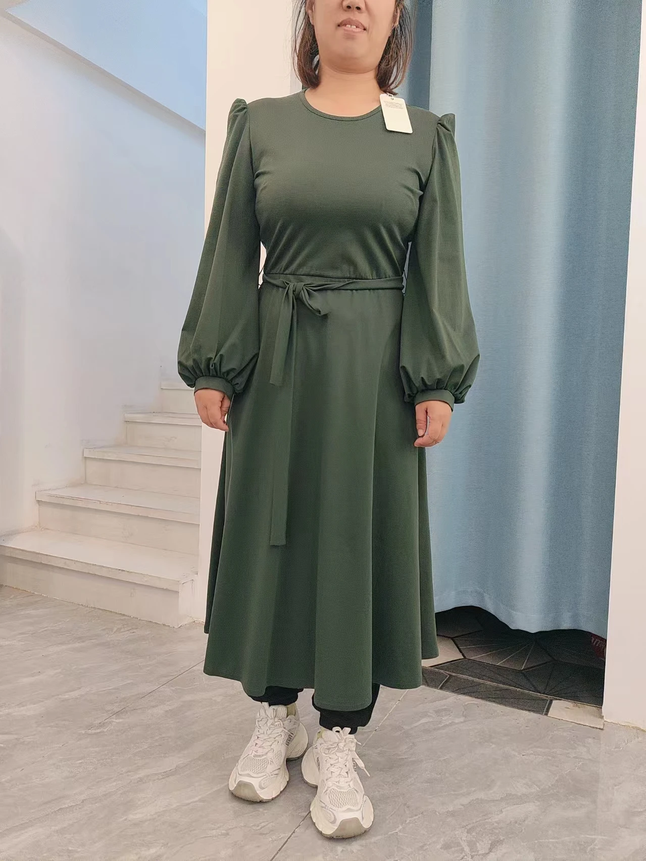 Fenggejiwo Spring/Summer Dark Green Long A-line Pattern Belt Waist Long Sleeve Dress