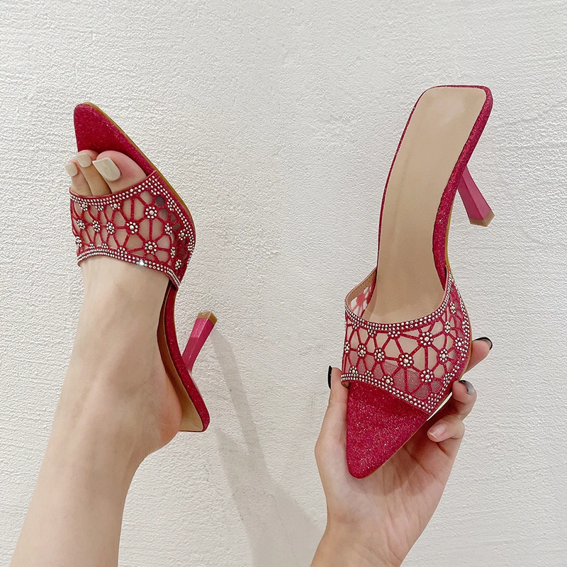 ZOOKERLIN Pointed Peep Toe Rhinestone Mesh Women's Slippers Stiletto High Heels Solid Color Slip On Slides Summer Breathe Pumps