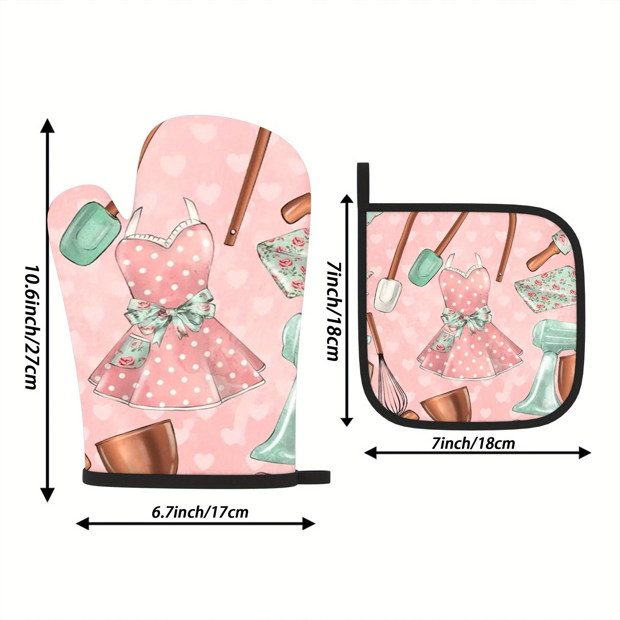 Pink Apron Kitchen Illustration Oven Mitts and Pot Holders Set 2pcs Heat Resistant for Cooking Baking