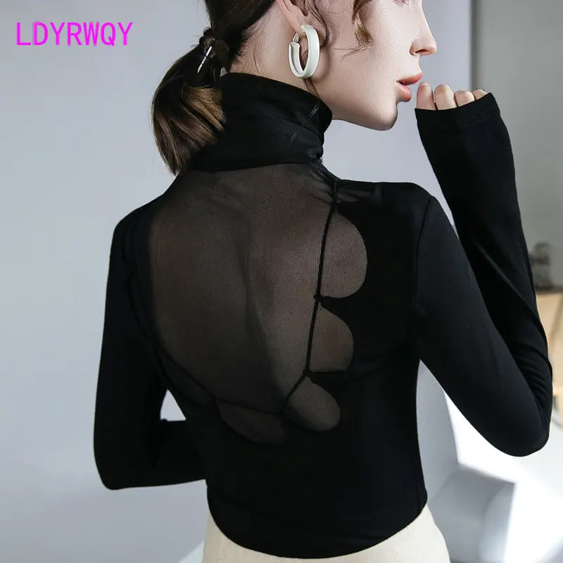 

Black turtleneck top design sense backless long sleeve autumn and winter new style with matching base T-shirt