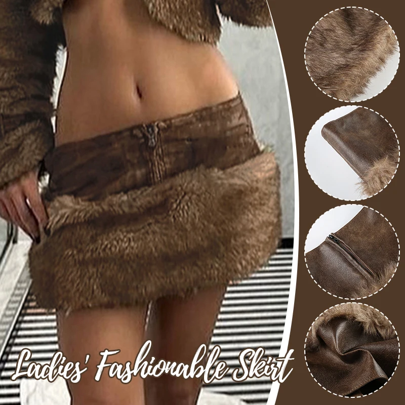 

Women Vintage Fur Leather Patchwork Skirts Low Waist Front Zipper Bodycon Mini Skirts Clubwear Party Ladies Fur Skirts