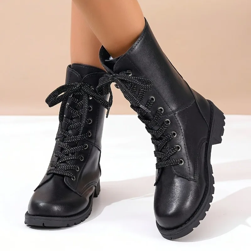 

Autumn Fashion Boots Women's Fashion New Round Toe Front Lace-Up Platform Anti-Slip Wear-Resistant Mid-Tube Boots