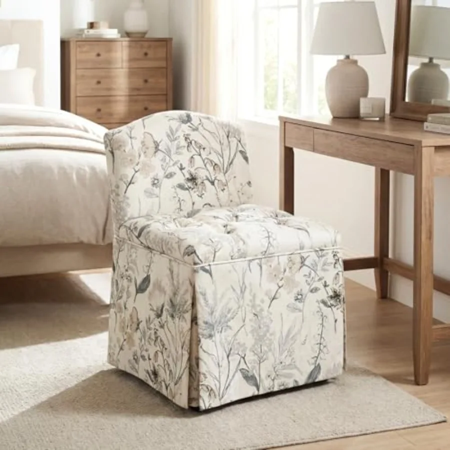 Makeup vanity chair with wheels for bedroom or living room use, upholstered floral pattern fabric, pink and white color, tufted