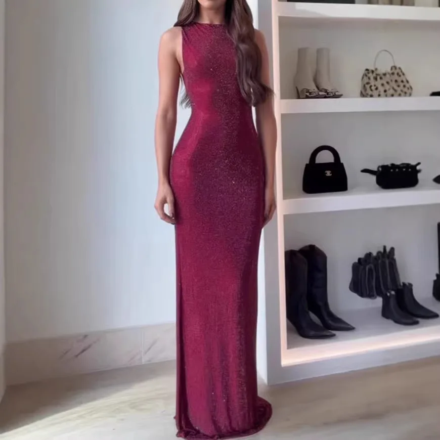 

Sparkling Sequin Split Long Dress Women's Sexy Sleeveless Slim Fit O Neck Dress Evening Gown Lady Elegant Party Dress Streetwear