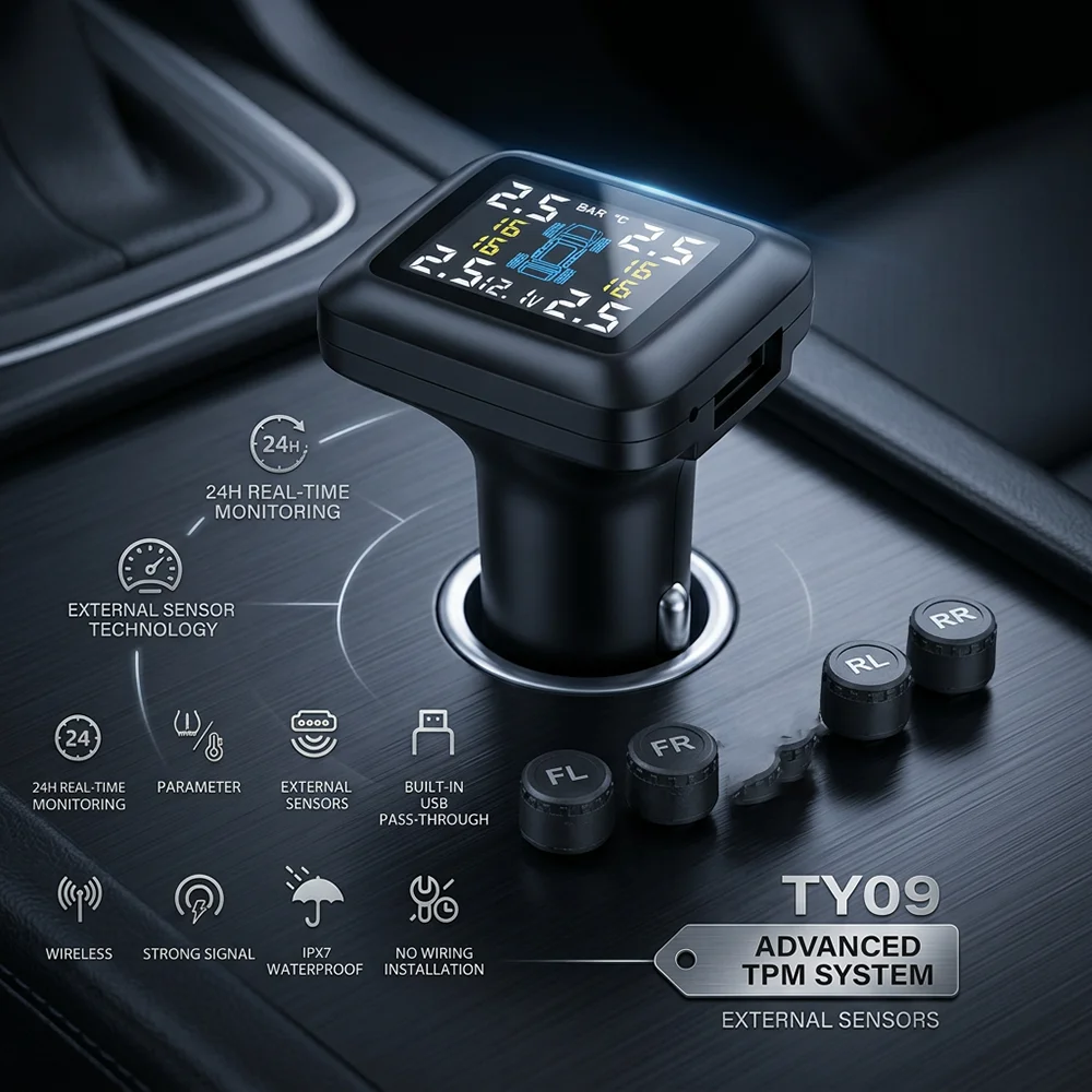 Car TPMS Cigarette Lighter Tire Pressure Monitor System 3 In 1 LCD Auto Voltage Temperature Alarm With 4 External Sensors TY09