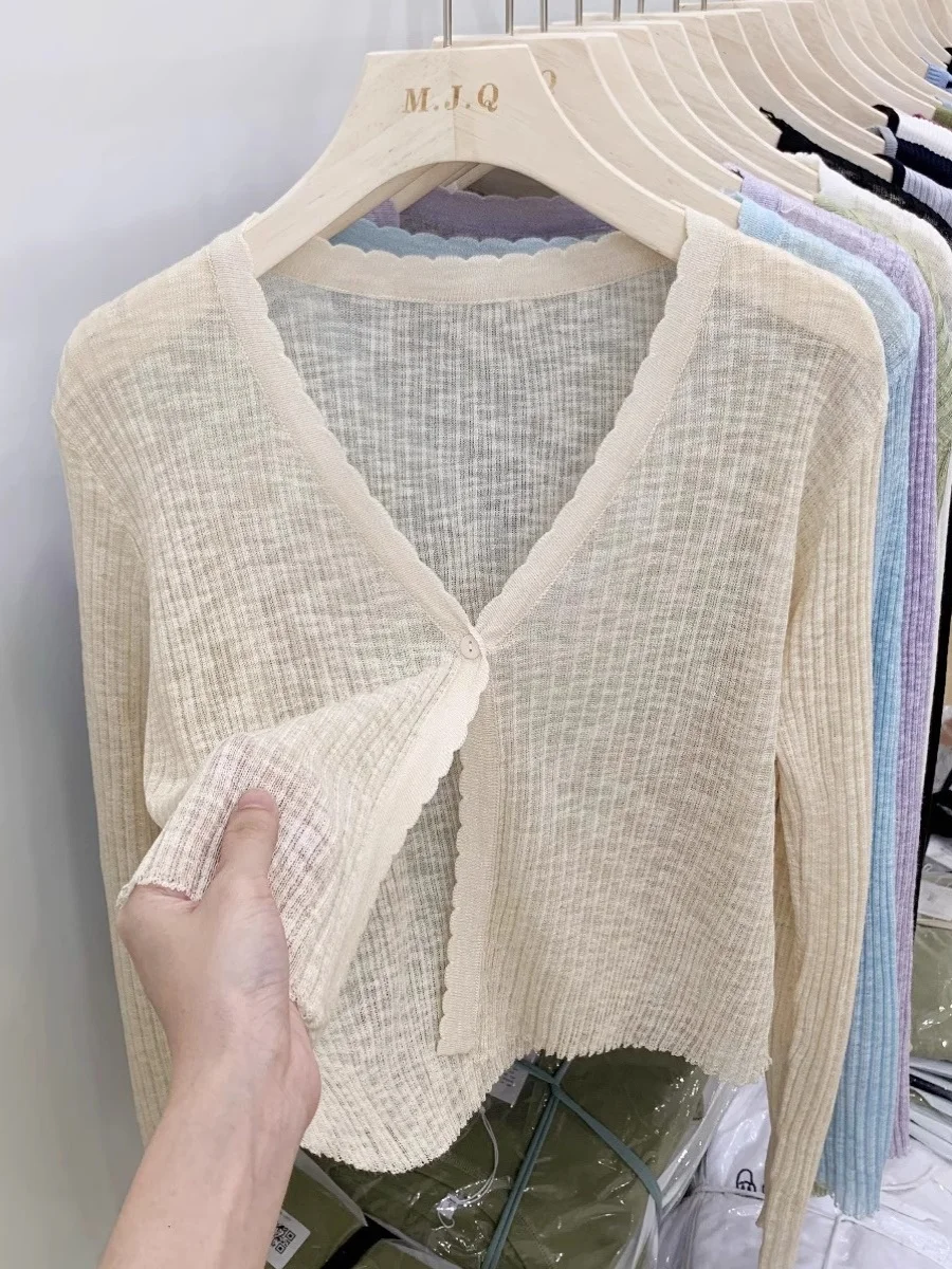 

Ice Silk Knitted Short Open Cardigan Long Sleeve Women's Top Summer Spring Air Conditioning Sun Protection Small Shawl