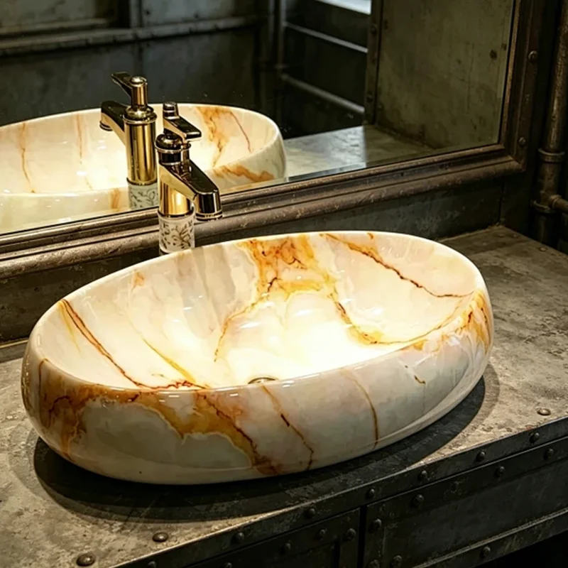 60Cm*40Cm Oval-Shaped Stone-Patterned Ceramic Washbasin, an Ideal Choice for Modern Bathroom Fixtures, Suitable for Changing Rooms, Vanity Tables, Bathrooms, Toilets, and Rvs