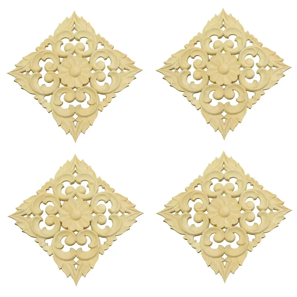 4PCS 15CM Wood Carved Mouldings Square Onlay Applique Unpainted Woodcarving Decal for Frame Door Decor Furniture Home Applique