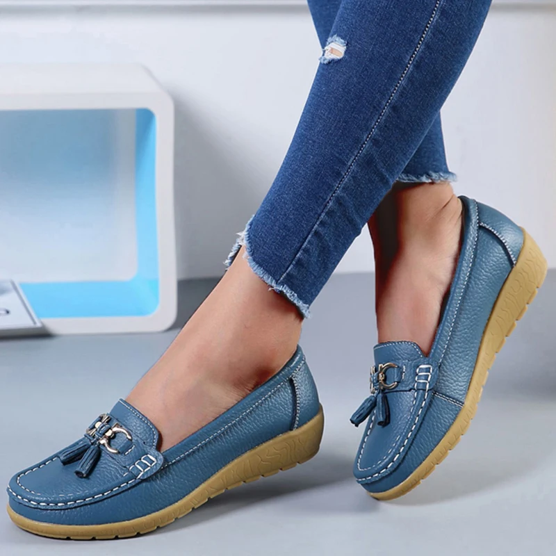 Women Flats Fashion Genuine Leather Wedge Casual Shoes Women Ballerina Nurse Shoes Moccasins Walking Shoes Woman Plus Size