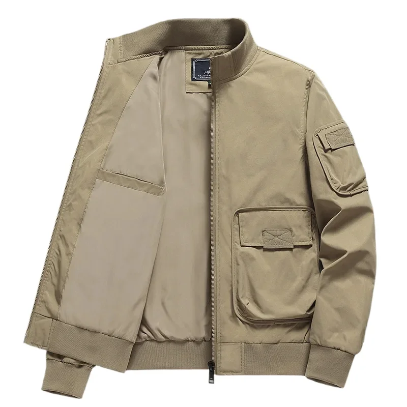 

Men's Windproof Jacket Spring Autumn Solid Color Casual Loose Multi-pocket Outdoor Travel Stand Collar Moto Top Men Work Coat