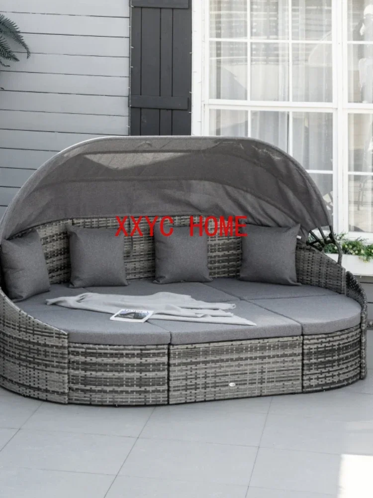 Grey Outdoor Round Daybed 4 Pieces Wicker Outdoor Rattan Sofa with Canopy,Cushions,Pillows for Lawn Garden Backyard