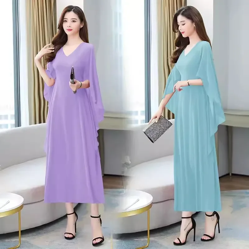 Luz de luxo temperamento cor sólida vestido high-end plus size feminino primavera/verão vestido francês chiffon longo roxo branco z315