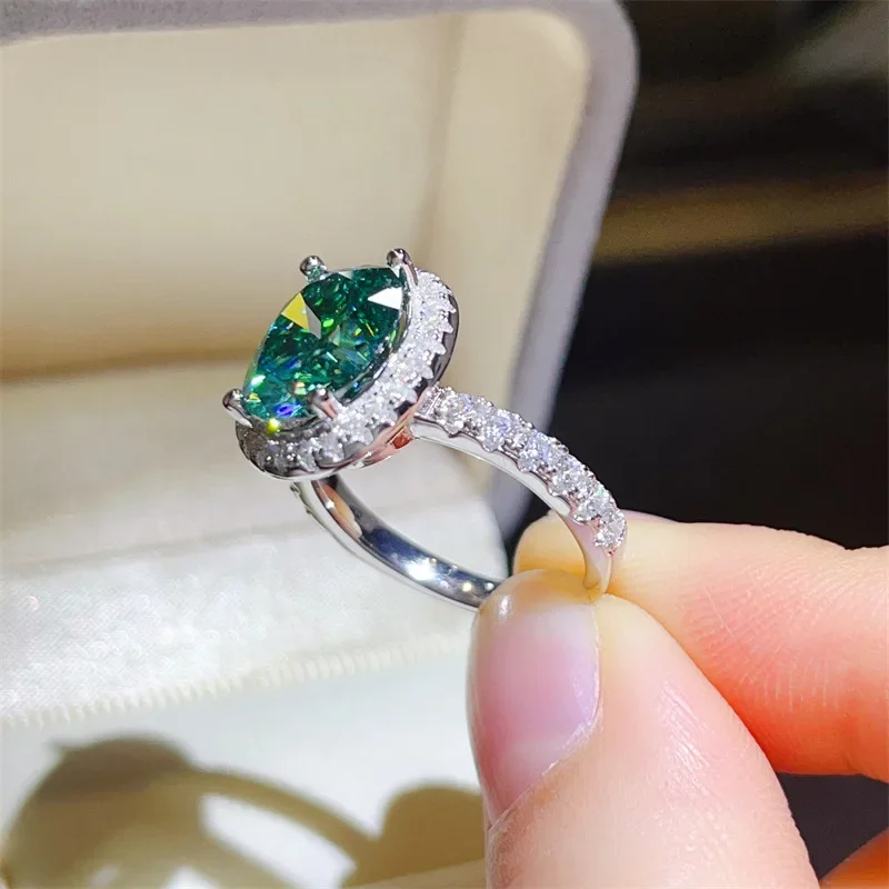 FEOBUR 1/3/5ct Green Oval Moissanite Halo Ring for Women Luxury Jewelry Gift S925 Sterling Silver Lab Diamond Wedding Band