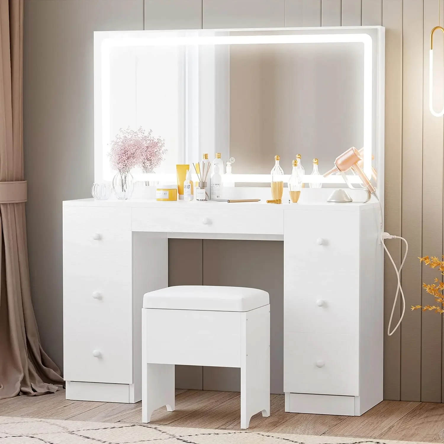 Vanity Desk Set with LED Lighted Mirror & Power Outlet, 7 Drawers Makeup Vanities Dressing Table with Stool, for Bedroom