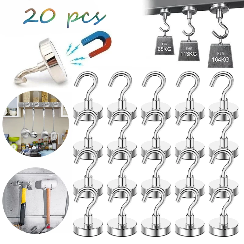 20 Packs Heavy Duty Strong Magnetic Hooks Multi-Purpose Storage Magnet Hooks for Curtain Home Kitchen Workplace Bathroom Hangers