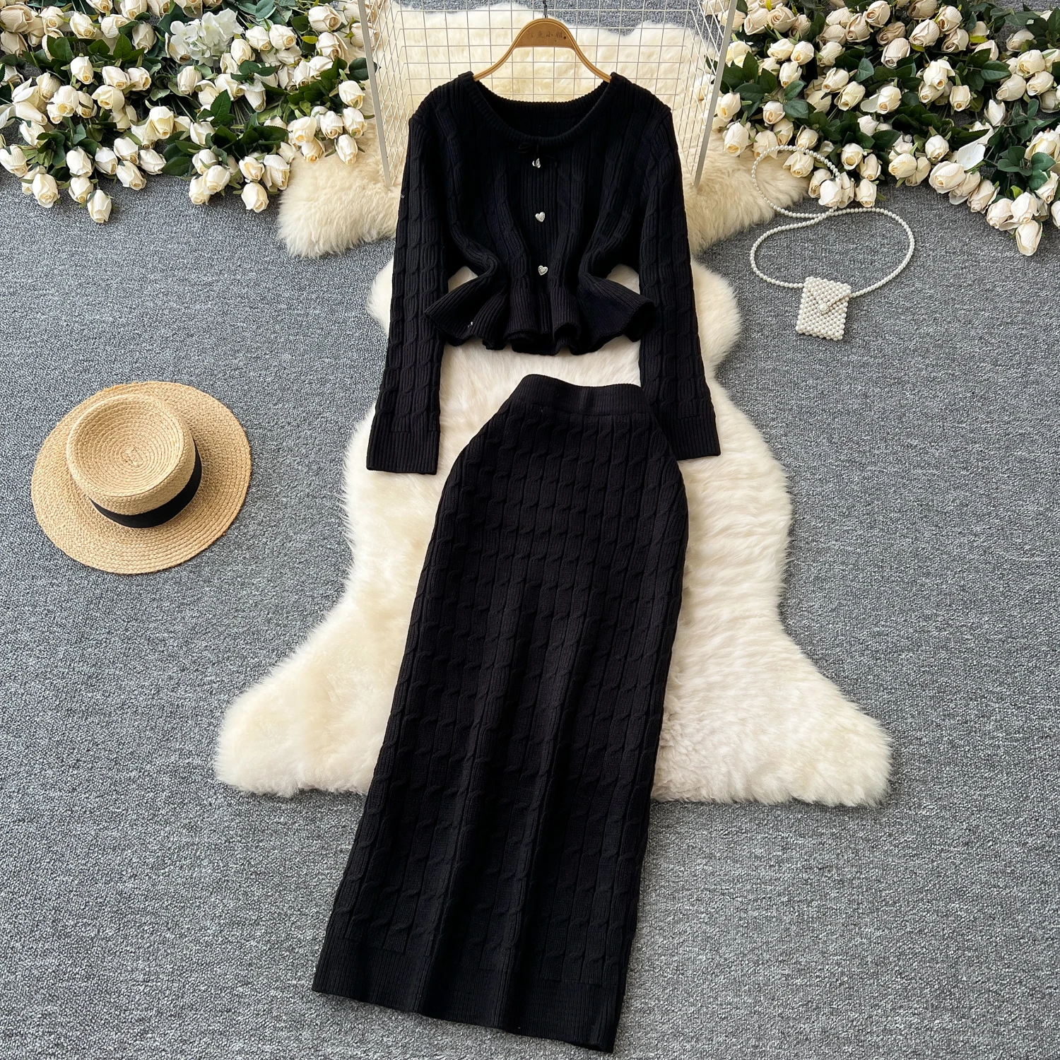 Knitting O-neck Sweater 2-piece Set Women Autumn Winter Pullover Sweater+High Waist Half Skirt Female Solid Knit Two Piece Set