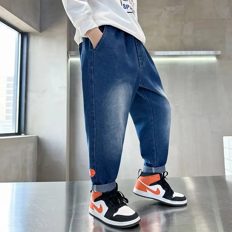 Jeans isolanti ispessiti invernali per bambini adolescenti con stampa di cartoni animati per pantaloni termici per bambini in pile caldo Shcool Boy