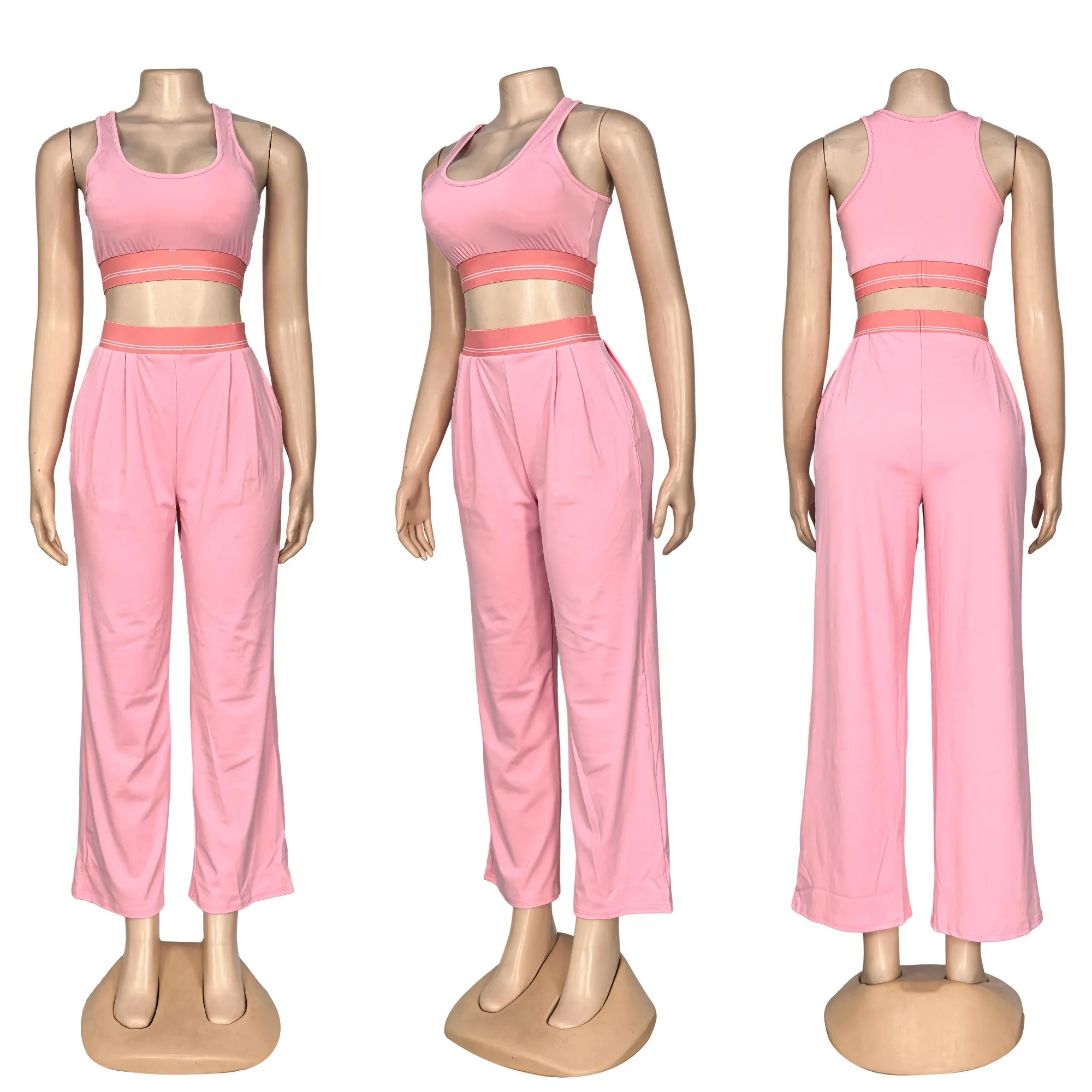 Q6378  Fashionable short sleeve vest (with chest pads) loose straight-leg wide-leg pants Leisure fitness yoga set