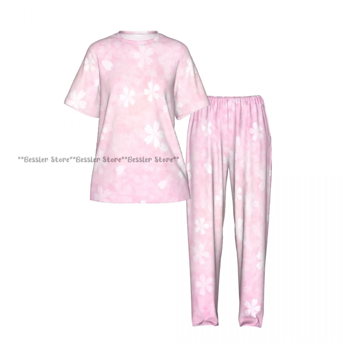 Women's Pink Japanese Cherry short sleeve trousers casual pajamas set view 2